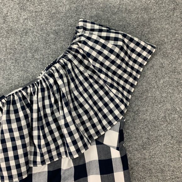 J Crew Top Womens 2 Navy Gingham Plaid Cotton Stretch Poplin Ruffle One Shoulder - Picture 3 of 12